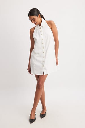 White Button Detail A-line Mini Dress