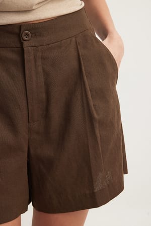 Brown Elastic Back Linen Blend Shorts