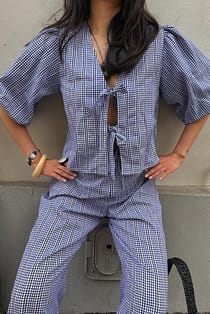 Cotton Tie Front V Neck Blouse