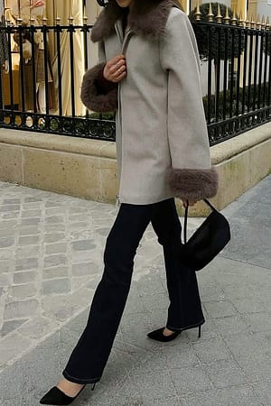 Beige Faux Fur Collar Detail Coat
