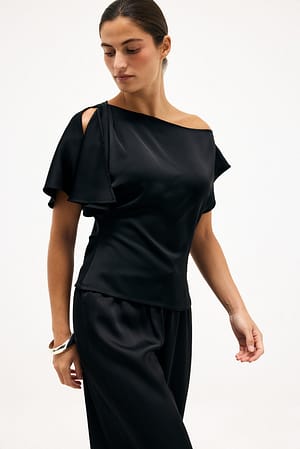 Black Asymmetric Slit Detail Draped Top