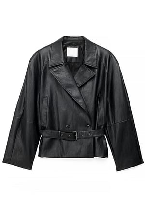 Black Belted Detail Faux Leather Jacket