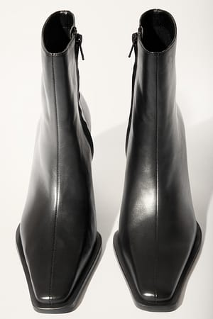 Black Block Heel Leather Ankle Boots
