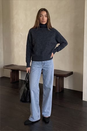 Grey Melange Geborstelde wollen batwing coltrui gebreide trui