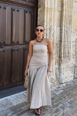Beige Linen Blend Bandeau Midi Dress