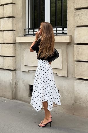 Dot Print Asymmetric Midi Skirt