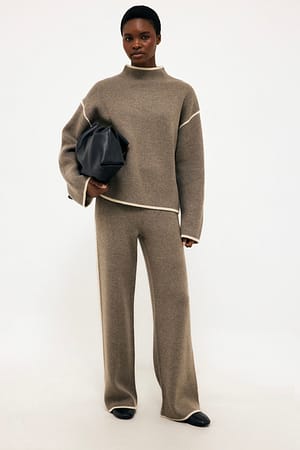 Greige Contrast Detail Knitted Wide Pants
