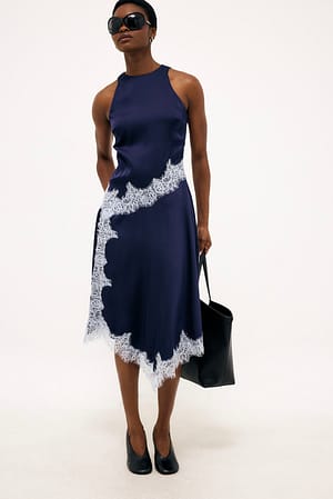 Navy Contrast Lace Satin Midi Dress