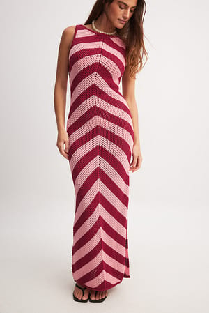 Red/Pink Crochet Knitted Sleeveless Maxi Dress