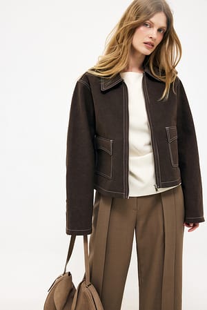 Brown Contrast Seam Faux Suede Jacket