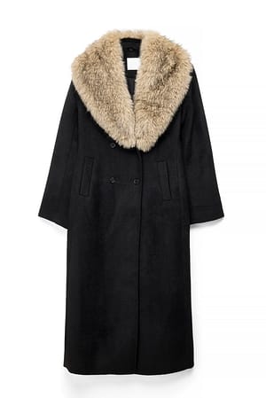 Black Double Breasted Fur Detail Coat