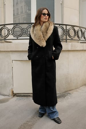 Black Double Breasted Fur Detail Coat