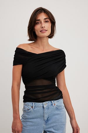 Black Ärmelloses drapiertes Mesh-Top