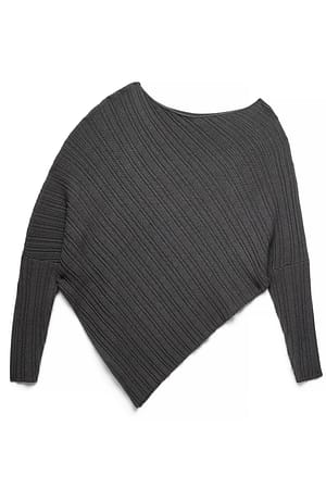 Dark Grey Draped Rib Knitted Asymmetric Sweater