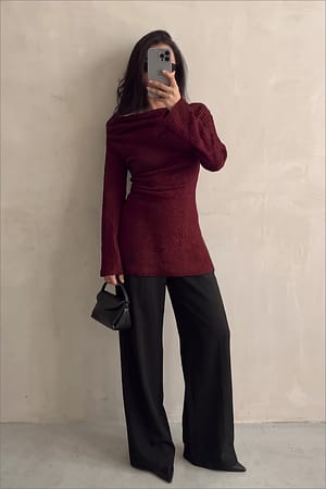 Burgundy Strukturerad långärmad topp med drapering