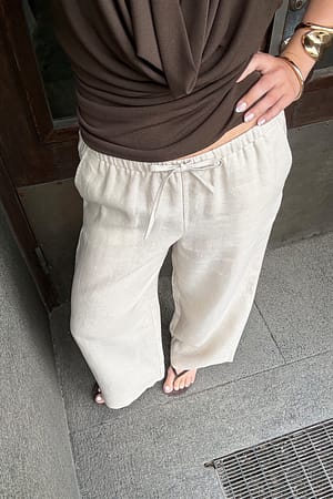 Beige Drawstring Linen Pants