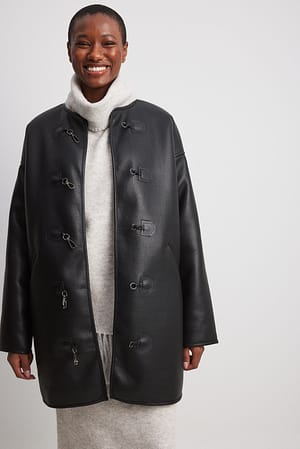 Faux Fur Button Detail PU Coat