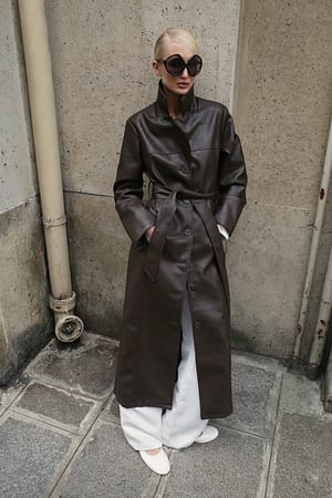 Dark Brown Faux Fur Collar PU Coat