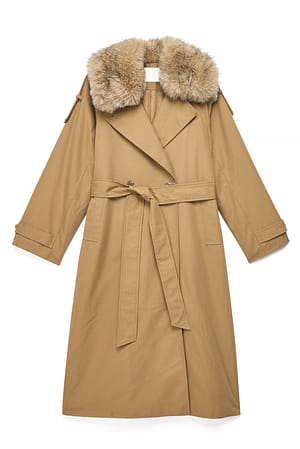Beige Faux Fur Detail Trenchcoat