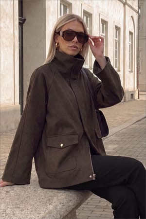 Khaki Green Jacka med hög krage i konstmocka