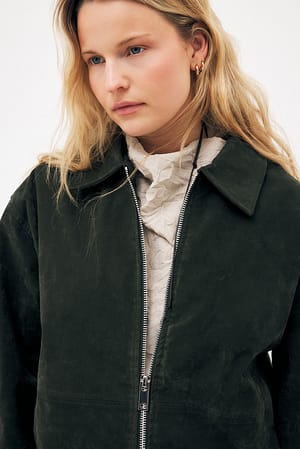 Dark Green Chaqueta de ante sintético con cremallera