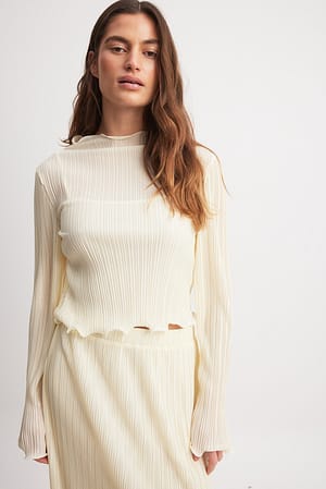 Off White Flounce Detail Plisse Blouse