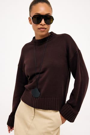 Brown Folded Sleeve Knitted Sweater
