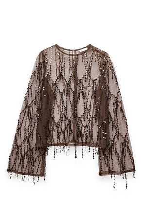 Dark Brown Fringe Sequin Long Sleeve Top