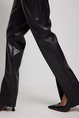 Black Front Slit PU Pants