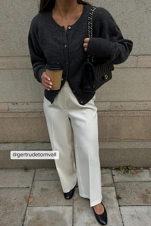 Cream Cropped Mid Waist Straight Leg Suit Pants