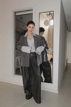 Washed Black Mid Waist Wide Leg Pleated PU Trousers