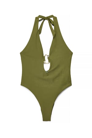 Khaki Badedragt med halterneck-detalje