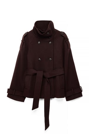 Brown High Neck Belted Short Coat