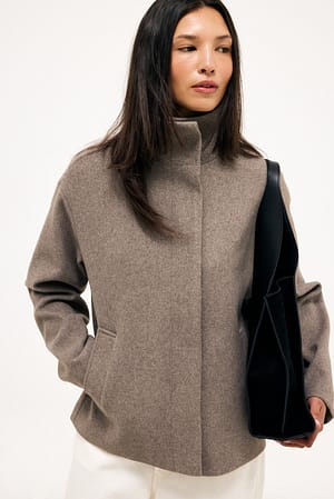 Beige Melange High Neck Short Coat