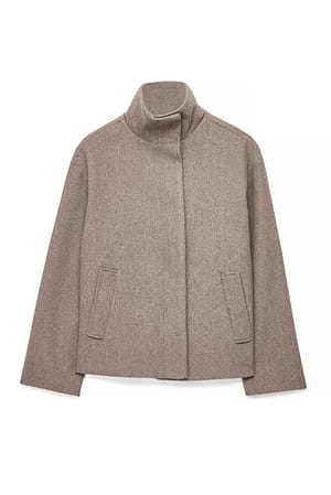 Beige Melange High Neck Short Coat