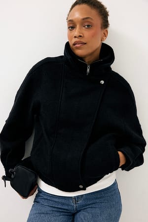 Black Chaqueta de mezcla de lana con cuello alto
