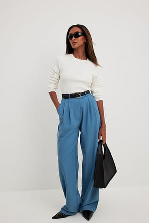 Dusty Blue High Waist Pleated Wide Leg Pants