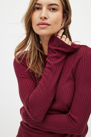 Wine Red Irregular Rib Long Sleeve Top