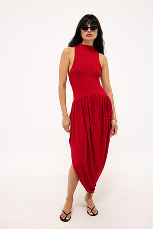 Red Jersey Ballon Maxi Kjole