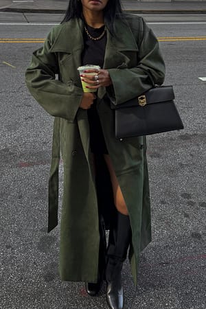Dark Green Faux Suede Oversized Trenchcoat