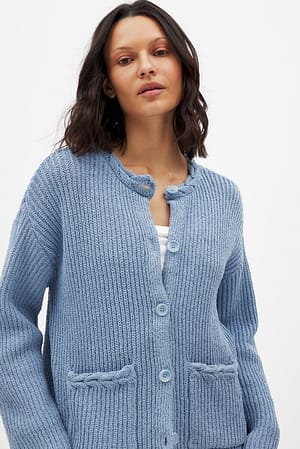 Blue Knitted Braid Detail Cardigan