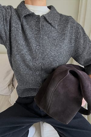 Dark Grey Melange Strickjacke mit Kragen