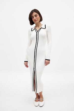 White Knitted Contrast Button Midi Dress
