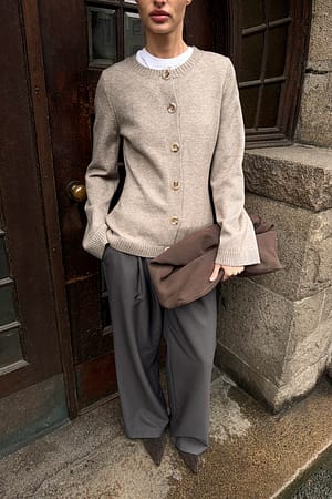 Beige Melange Knitted Fitted Cardigan
