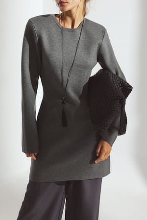 Grey Knitted Padded Shoulder Mini Dress