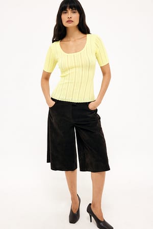 Light Yellow Gebreide pointelle top met korte mouwen
