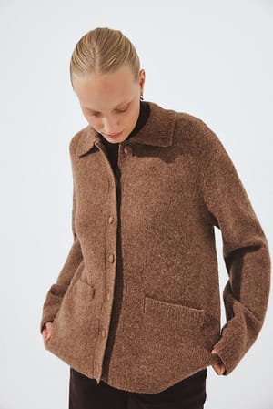 Taupe Knitted Wool Blend Cardigan