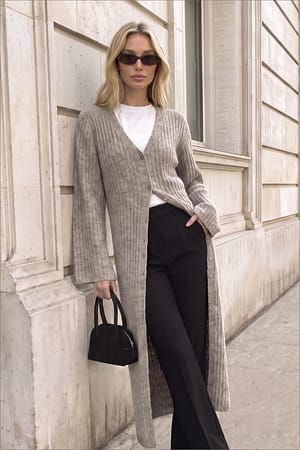 Beige Melange Maxikjole med strikket cardigan i ullblanding