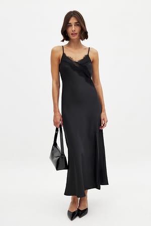 Black Large Lace Insert Maxi Dress