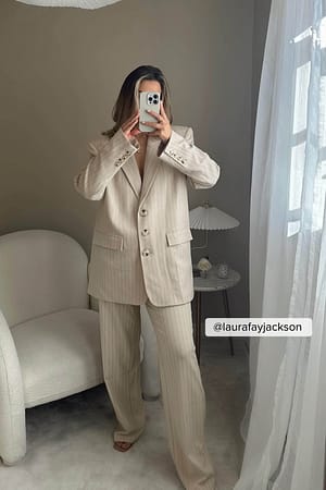 Beige Stripe Gestreepte broek met hoge taille